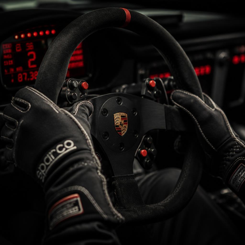 Close-up of gloved hands on a race car steering wheel